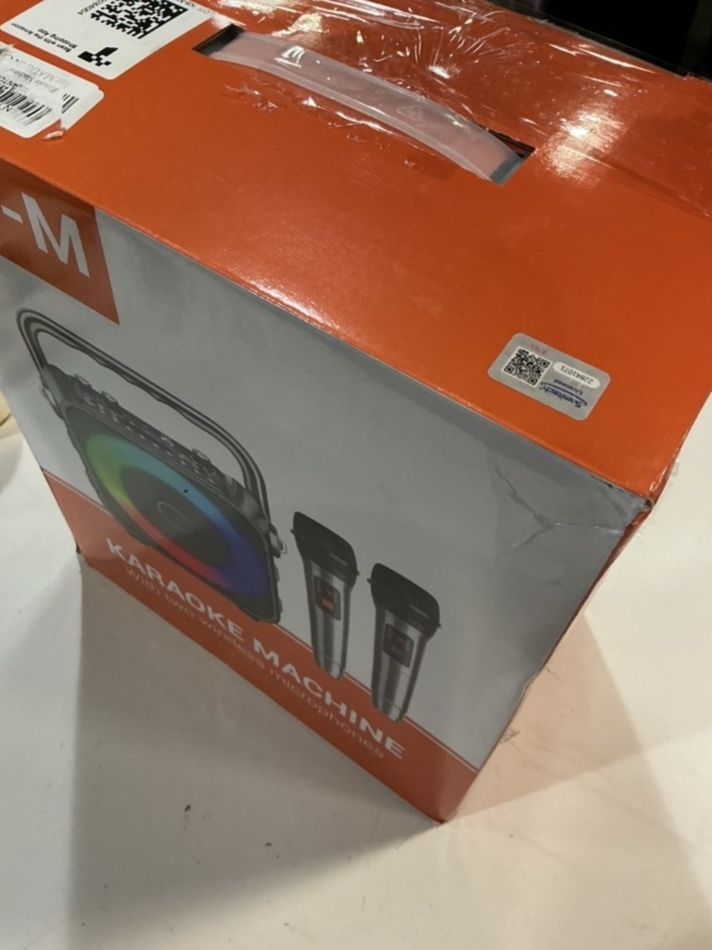 Portable Karaoke Machine with RGB Light and Dual Microphones - Orange/White Box
